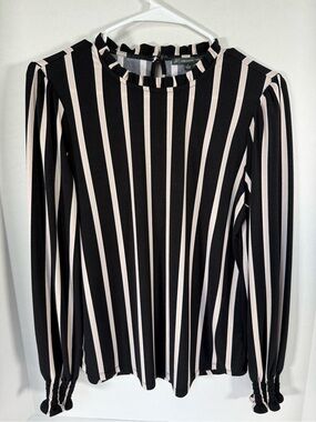 Adrianna Papell Black and Cream Vertical Stripe Ruffle-Neck Long Sleeve Top